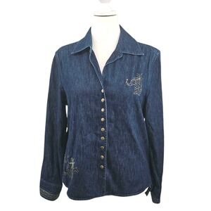 Christopher & Banks Large Denim Embroidered Safari Shacket Snap Shirt